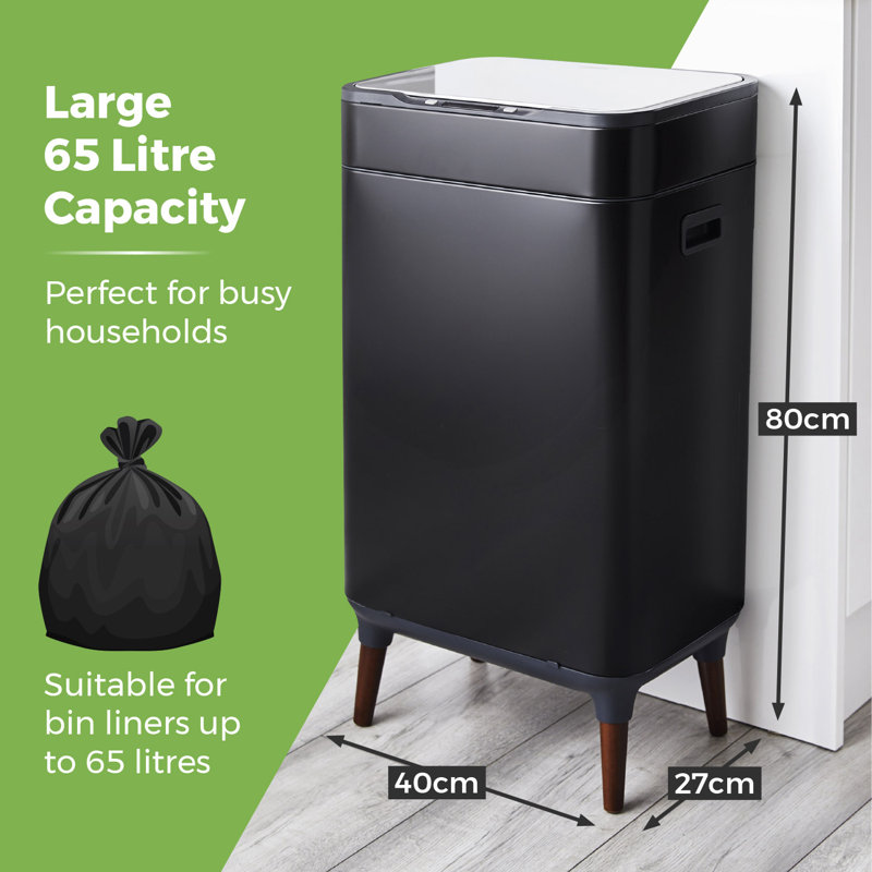 Tower Ozone Sensor Bin with Legs, Large 65L, Hands Free Opening, Carbon Filter, Black