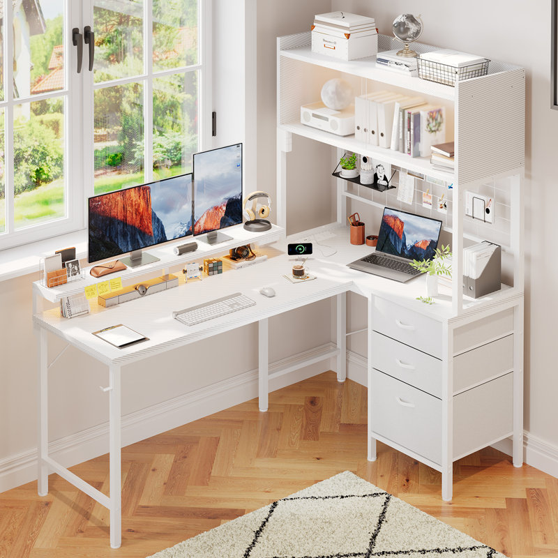 L-Shaped Metal Base Computer Desk, White