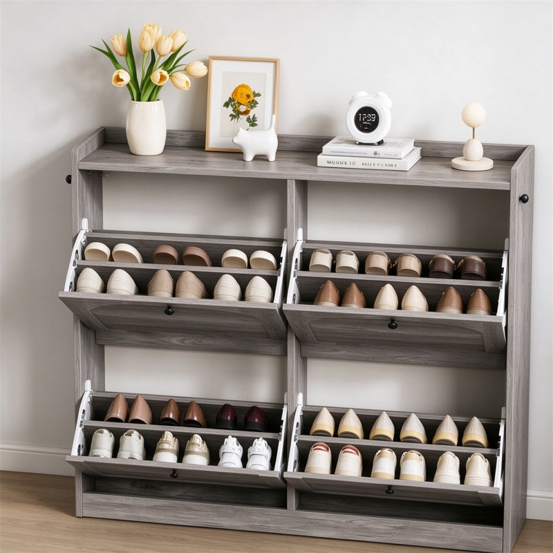 Arched Slim Shoe Cabinet — 4 Flip-Open Drawers + 2 Side Entry Hooks — Holds 16–24 Pairs — 3-Position Adjustable & Removable Shelving — Narrow Entryway Shoe Storage