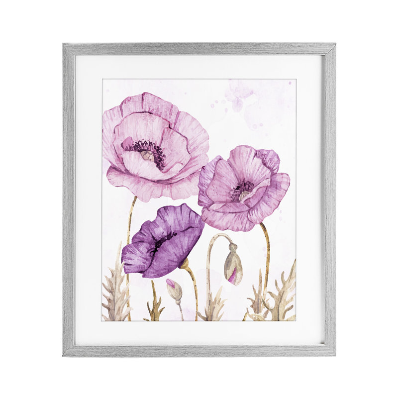 Bright Purple Poppies Framed Print Under Glass, design by Kim Allen, 21" H x 17" W, Farmhouse Grey Under Glass Framed