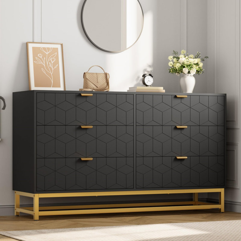 Commode pour chambre à coucher, grande commode de 53,5 po, 6 tiroirs avec poignée et pieds en métal doré, Noir