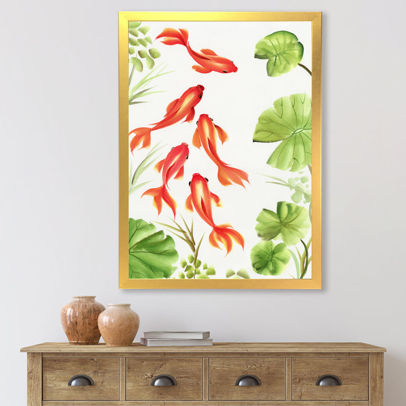 Poisson rouge rétro parmi les feuilles de lotus - peinture sur toile, H 32 po x l 16 po x P 1,5 po, Toile encadrée d'or