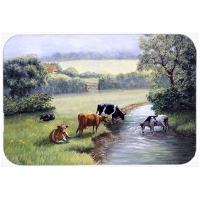 Caroline's Treasures Cows Drinking at the Creek Bank Glass Cutting Board