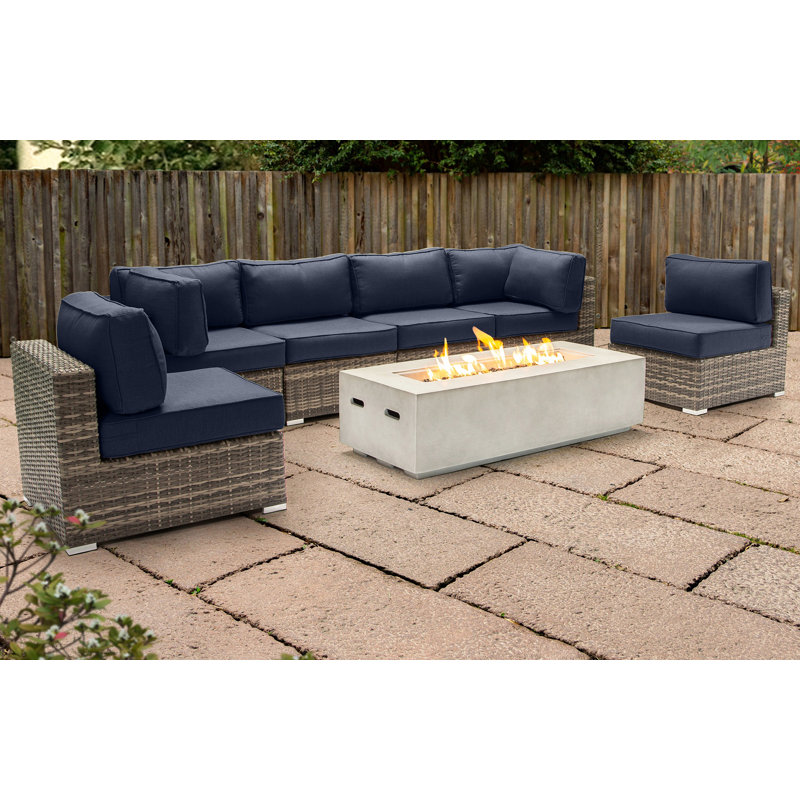 Lsi Fully Assembled 6 Person Seating Group With Firepit And Sunbrella Cushions, Sunbrella Navy Blue