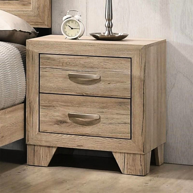 Table de chevet 2 tiroirs pour chambre à coucher de style naturel - Panneau de particules, poignée en métal, pieds fuselés de 100 mm de hauteur