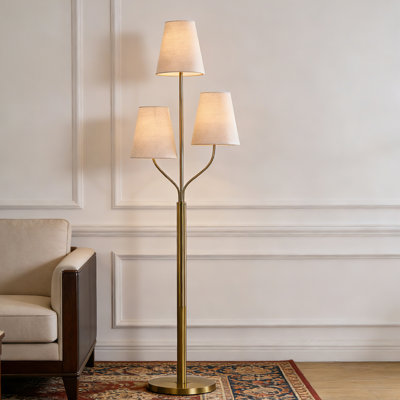 65" Boho Tree Floor Lamp 3-Light Brass Metal Body with Woven Rattan Style Shades Tall Standing Corner Lamp