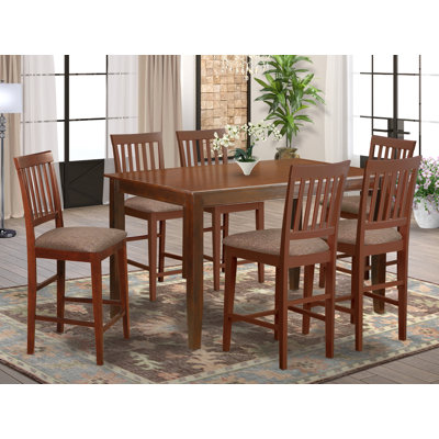 Ensemble de comptoir de cuisine 7 pièces composé d'une table de salle à manger rectangulaire et de 6 chaises de salle à manger en tissu de lin, acajou