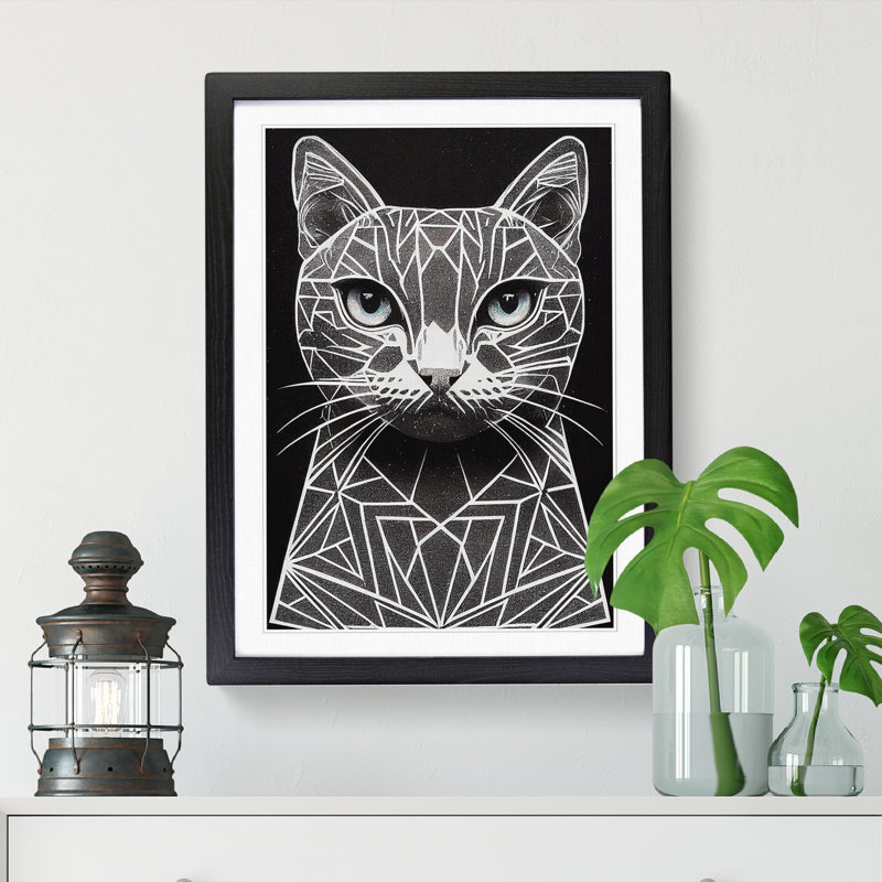 FRM-V0523-376X Cat Geometric - Single Picture Frame Print, 64cm H x 46cm W x 2cm D, Walnut Framed