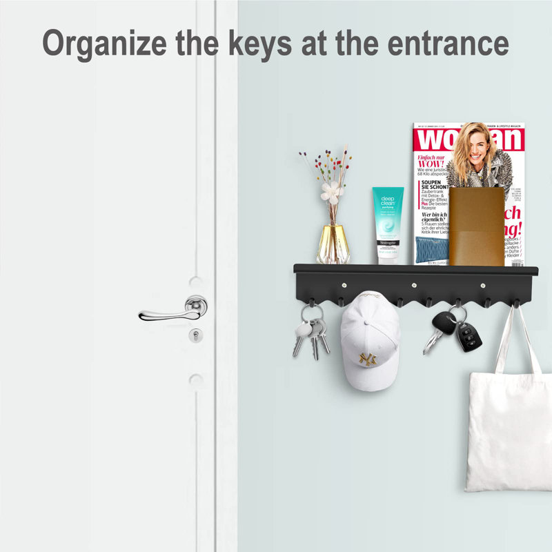 Keychain Wall Mount, Magnetic Key Hook And Mail Organizing Tray, Black
