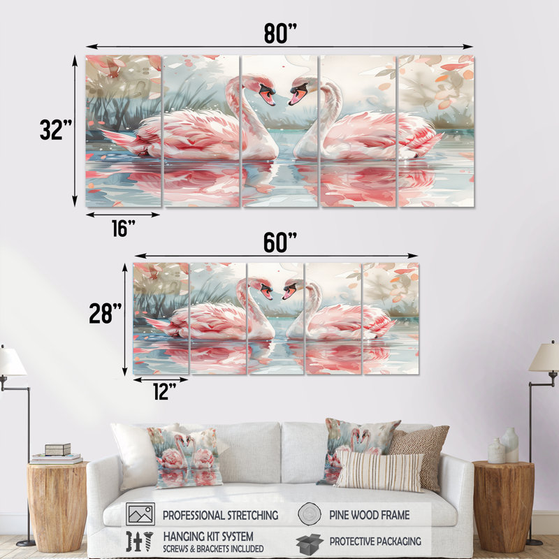 Rose, blanc, cygne, étang, romance II, H 32 po x l 80 po