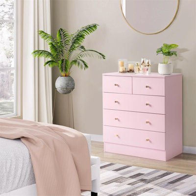 Grande commode anti-basculement à 5 tiroirs avec poignées en or rose, commode en bois rose pour chambre à coucher, rangement dans le salon