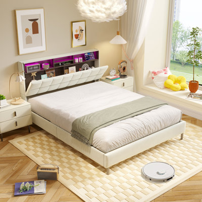 Upholstered Bed Frame with Charging Station & Headboard Storage, Hydraulic Lift-Up Base