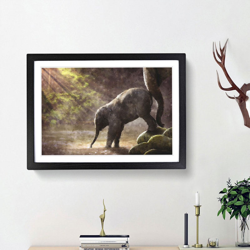 Mother Elephant Encouraging Baby - Picture Frame Painting Print, Black Framed, 62cm H x 87cm W x 2cm D