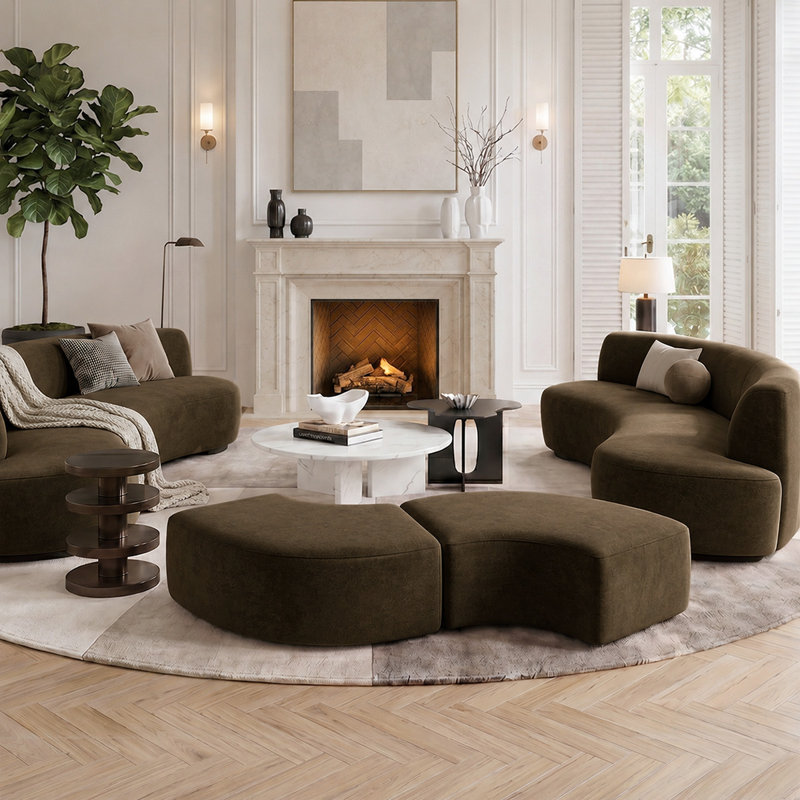 Repose-pieds rembourré arrondi en velours (ensemble de 2), Brown Velvet