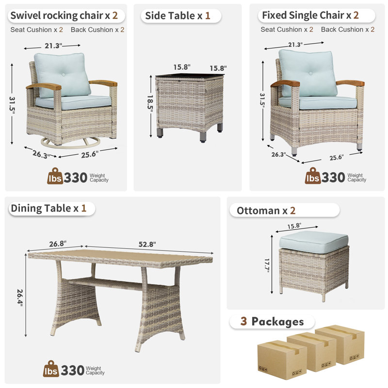 Ensemble de 8 meubles de patio, ensemble de conversation en rotin avec 2 accoudoirs pivotants en bois, 2 chaises simples fixes, 2 repose-pieds et table de salle à manger