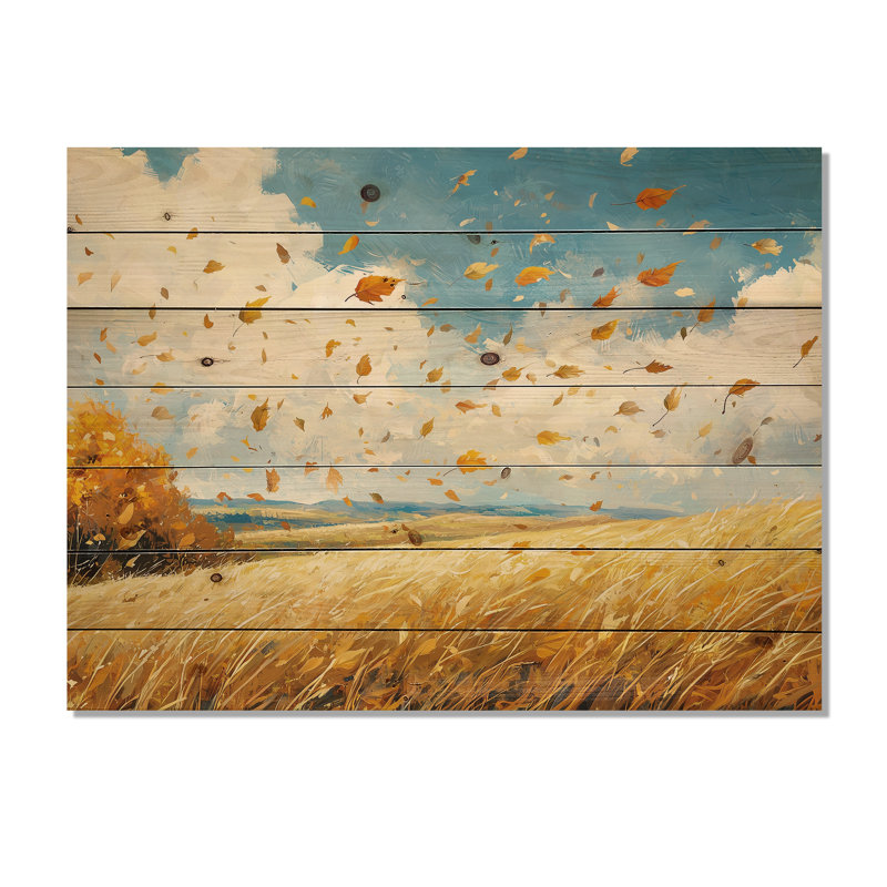 Blue Windy Prairie Leaves - Décoration murale en bois de feuilles - sur bois de pin naturel, H 10 po x l 20 po