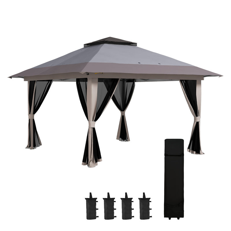 Tente à auvent escamotable avec filet et roues Outsunny 13 pi x 13 pi, pavillon de jardin en acier gris clair