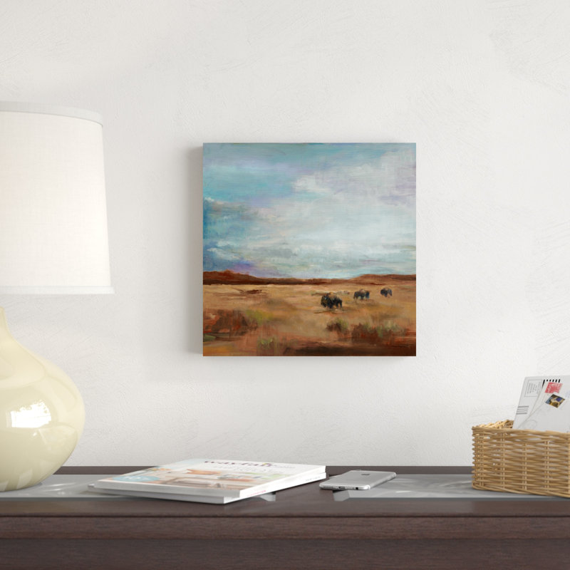 Buffalo sous grand ciel rouge et brun, H 12 po x l 12 po