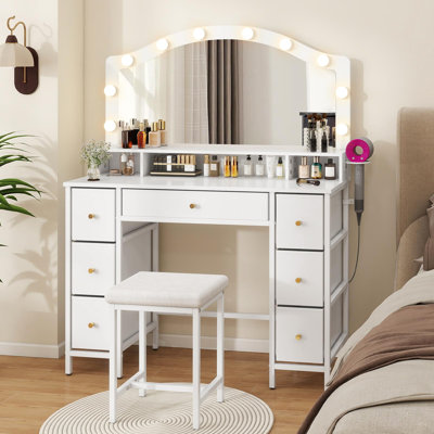 Deogilde Dressing Table with 10 LED Bulbs, Large Tabletop Makeup Vanity Desk with 7 Fabric Drawers, Stool