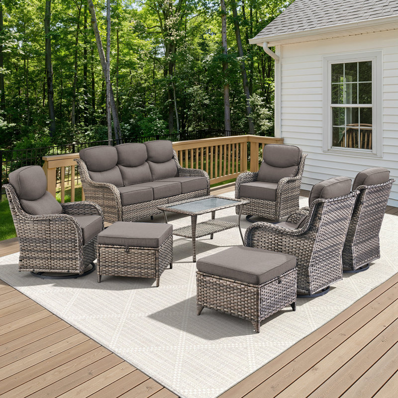 7-9 Person Outdoor Wicker Patio Conversation Set With Swivel Chairs And Coffee Table, Gray, Gray