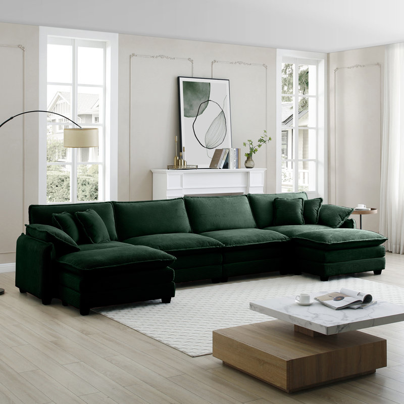 U Shape Sofa, Modern Upholstered 4 Seater Sofa With 2 Ottomans, Premium Soft Sofa, Green Corduroy