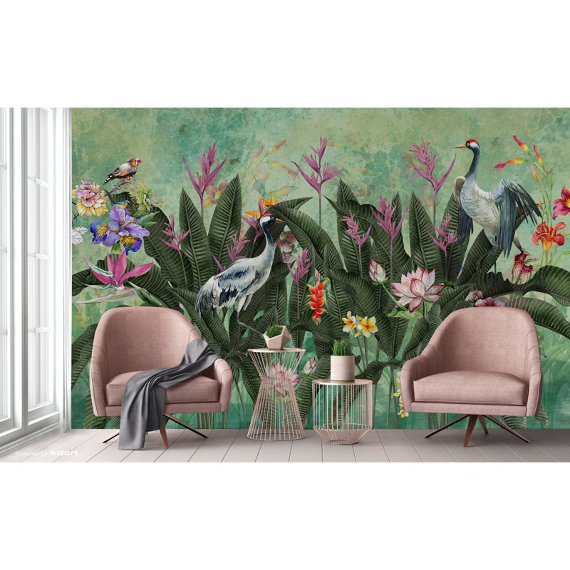 Papier peint paradis tropical, oiseaux exotiques et fleurs luxuriantes, L 110,04 po x l 163 po, Vert