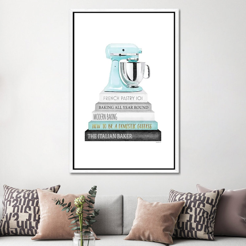 Baking Bookstack With Teal Mixer by Amanda Greenwood - Painting on Canvas, 152.5 cm H x 101.5 cm W, White Framed Canvas