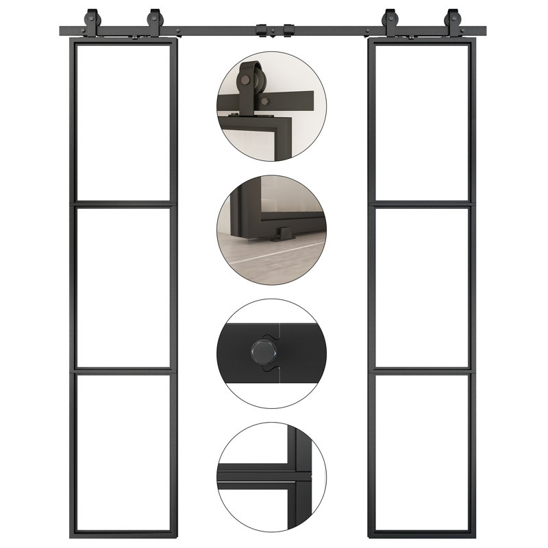 Metal and Tempered Glass Double Sliding Barn Door with Installation Hardware Kit, 2 Sets of Door, Frosted