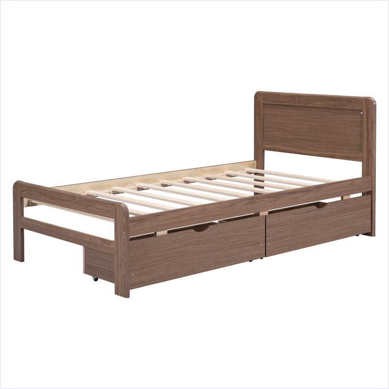 Base de lit plateforme avec 2 tiroirs de conception moderne, Noyer