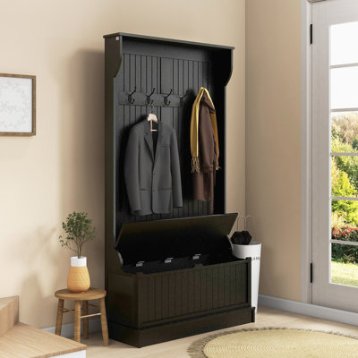 Arbre d'entrée 3-en-1 avec banc de rangement, portemanteau avec quatre crochets et rangement pour chaussures