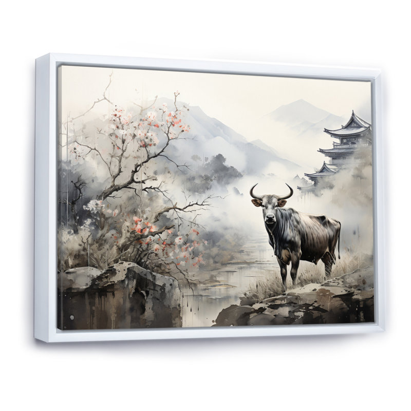 «Asian Art Cow Sumi» - reproduction d'art, H 24 po x l 32 po x P 1 po, Cadre flottant blanc