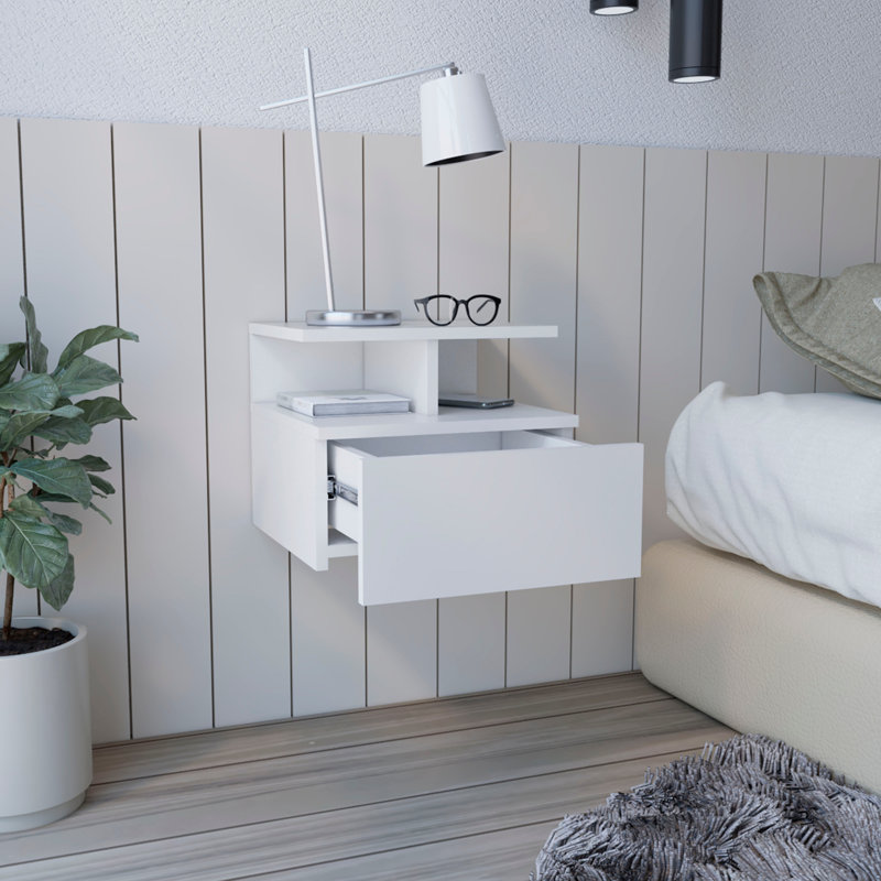 Table de chevet flottante moderne, table de bout, tiroir de table d'appoint, tablettes ouvertes - blanc, Blanc