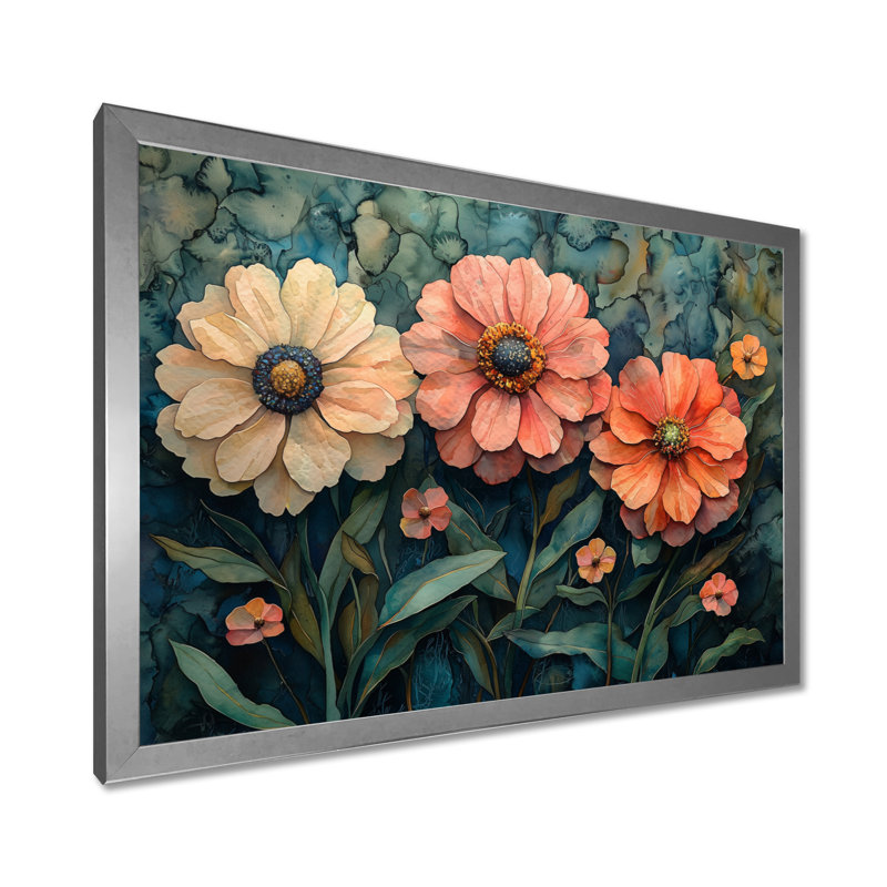 «Ilaina Zinnias Summer Petals In The Breeze III», art mural Zinnias, H 24 po x l 32 po, Argent argent