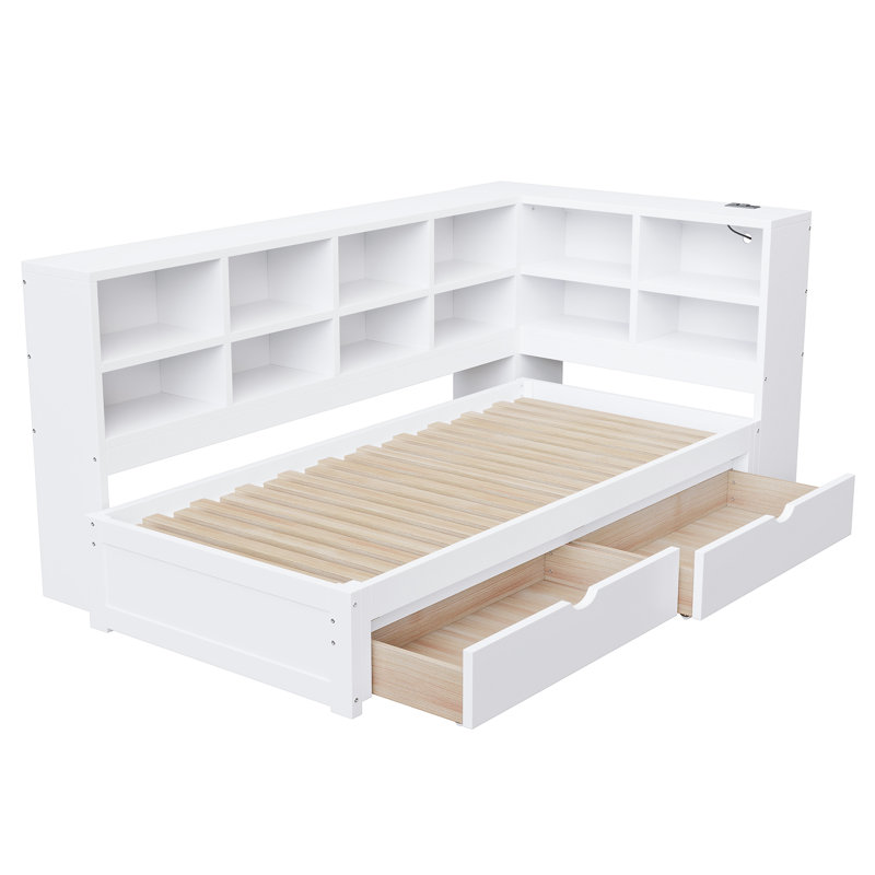 Twin XL to King Daybed with Storage Drawers, Cabinets, LED Lights & USB Charging Station, White, White