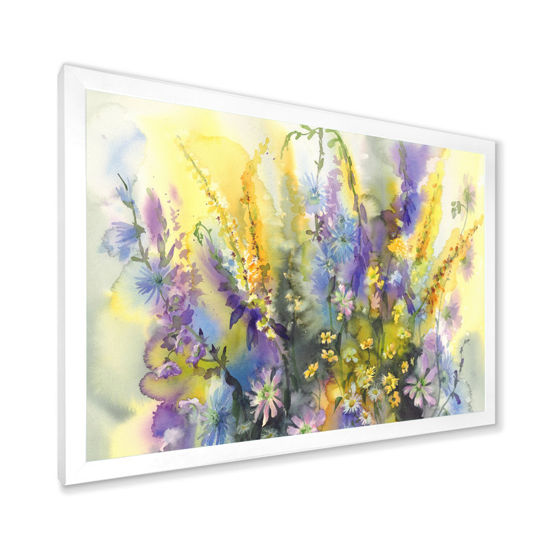 Fleurs d'été jaunes et mauves - reproduction sur toile, H 24 po x l 36 po x P 1 po, Cadre photo blanc
