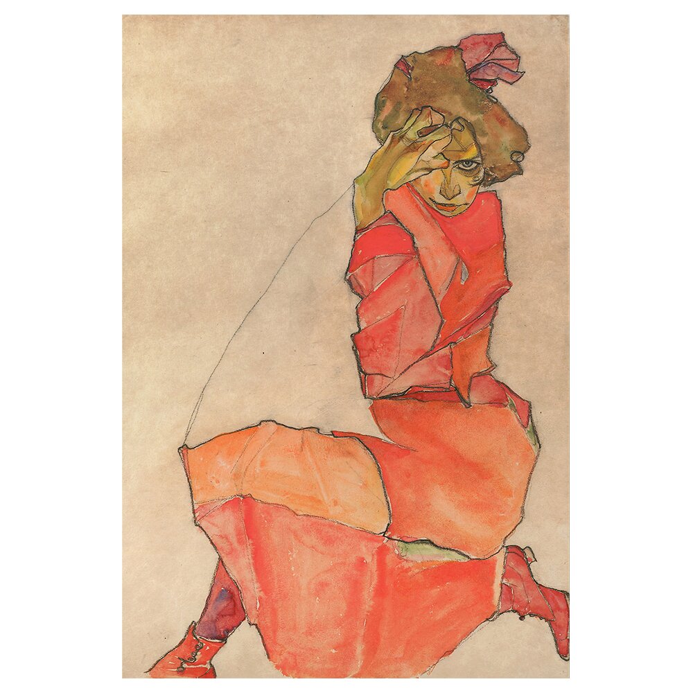 Leinwandbild Kniende in orange-rotem Kleid von Egon Schiele