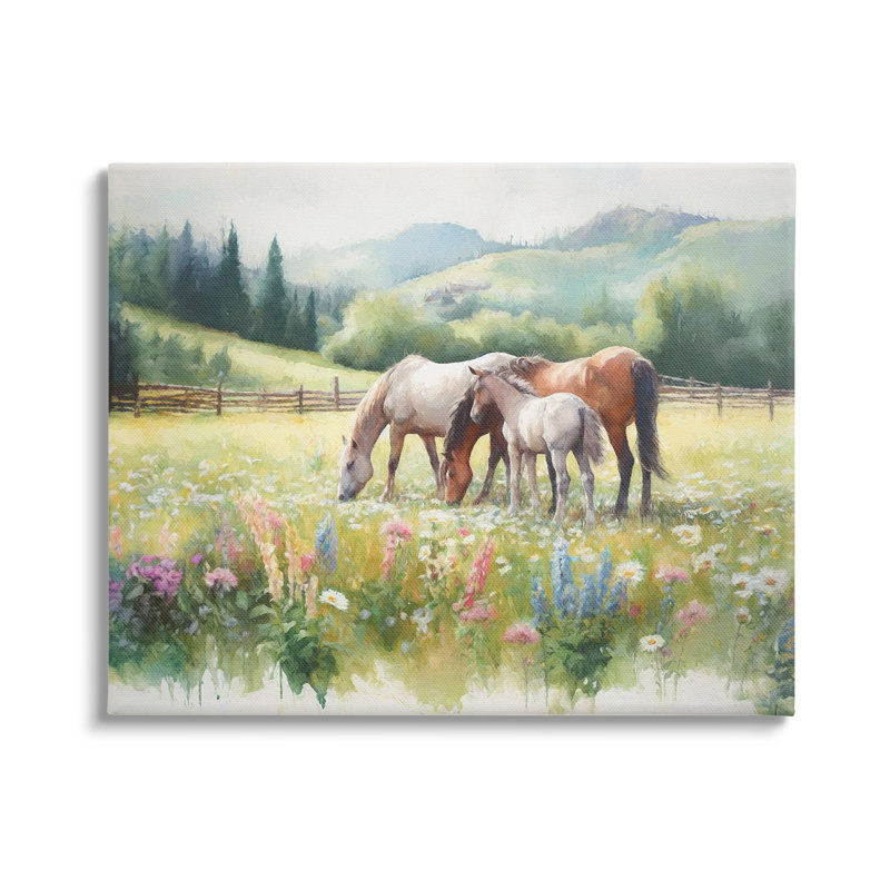 «Horses in Spring Meadow», art mural sur toile par Ramona Murdock, H 24 po x l 30 po x P 1,5 po