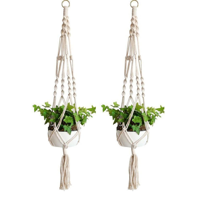 Support à plante en macramé, support à plante en paquet de 2, cintres en corde de coton pour l'intérieur et l'extérieur, support pour plante à fleurs suspendu pour décorations d'intérieur