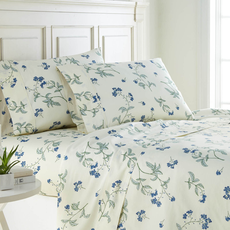 Myosotis Scorpioides 300 Thread Count Floral 100% Cotton Sateen Sheet Set, King Sheet Set with 2 Pillowcases, Off-White