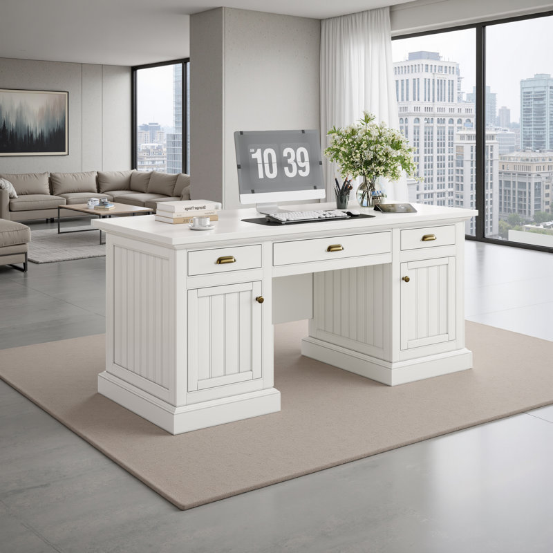 68" Farmhouse Executive Desk With 3 Drawers And 2 Cabinets