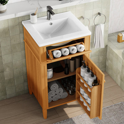 Meuble-lavabo en bois de 50 cm avec lavabo simple, en pin massif, charnières à fermeture douce, tiroir inclinable et tablette réglable pour salle de bain d'invités. Style moderne. Pieds en pin massif et céramique séparés.