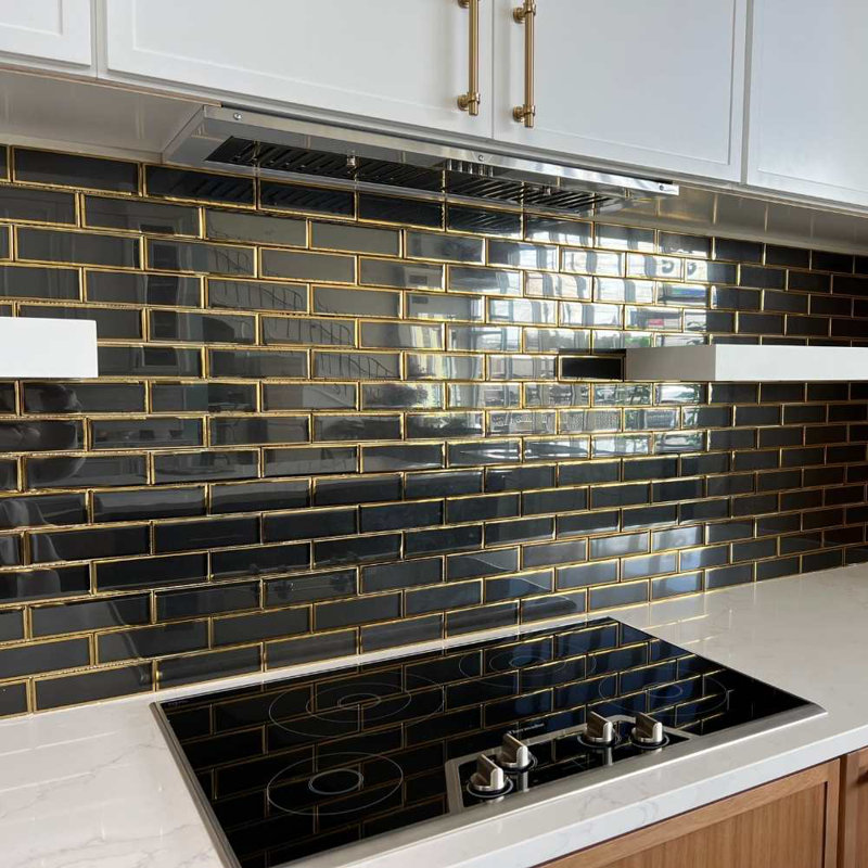 Athena Black 2" x 6" Glass Brick Joint Mosaic Wall & Floor Tile, Gold