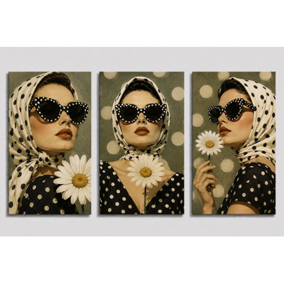 Large Set of 3 Retro Polka Dot Fashion Wall Art, Glam Woman Canvas Prints for Bedroom Beauty Salon Decor 16x24 Inch Canvas Print - Ready to hang