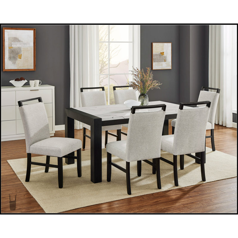 7 pièces, ensemble de salle à manger de style contemporain, table rectangulaire en faux marbre blanc, chaises rembourrées, dossier complet, gris clair, finition noire