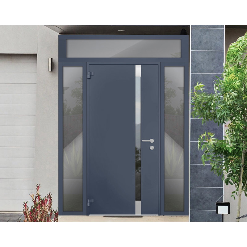 Porte d'entrée extérieure prémontée en acier Cynex 6777 grise, avec 2 fenêtres latérales et supérieures, inserts en acier inoxydable, style moderne, peinte, dimensions : L 12 + 32 + 12 x H 80 + 16, ouverture à droite vers l'intérieur.