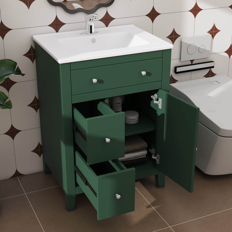 Armoire de lavabo de salle de bain 24 po, design contemporain avec vasque en céramique - 2 tiroirs + porte à fermeture en douceur