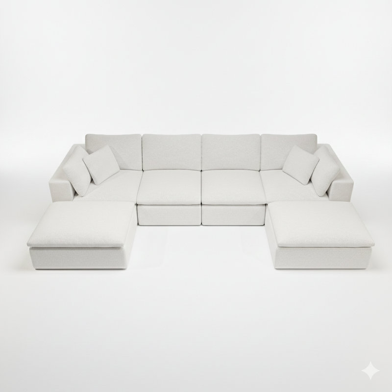 Canapé modulaire à compression en velours côtelé désossé de 6 pièces 137,8 po sans assemblage en U, Velours côtelé blanc