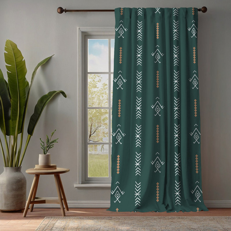 Boho Pattern Lined Single Panel Curtain, 140cm Width x 275cm Drop, Dark Mint