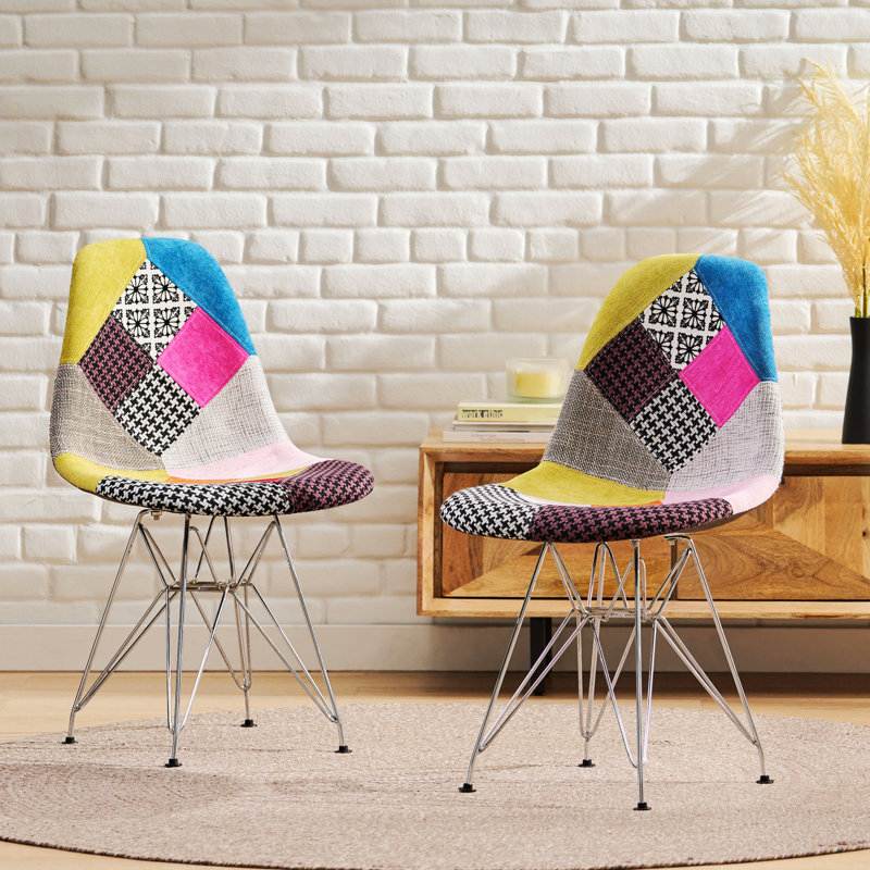 Patchwork Accent Chair Bohemian Style Fabric? Chair With Chromed Legs Geometric Pattern Chair, 18"D X 21"W X 32"H, Set Of 2