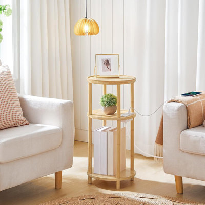 Ensemble de 2 petites tables d'appoint rondes avec station de charge, tables de bout rondes en bambou à 3 niveaux, facile à assembler, pour le salon, la chambre à coucher, un appartement, naturel